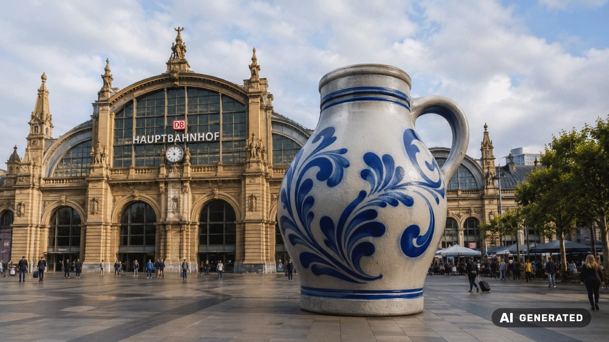 KI-generiertes Beispielbild: riesiger Bembel vor dem Frankfurter Hauptbahnhof, rechts unten mit dem EU-AI-Icon „AI Generated“ gekennzeichnet