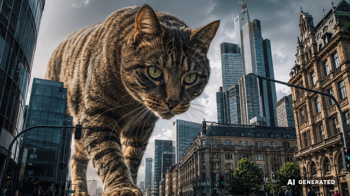 KI-generiertes Beispielbild: riesige Katze zwischen den Hochhäusern der Frankfurter Skyline, rechts unten mit dem EU-AI-Icon „AI Generated“ gekennzeichnet