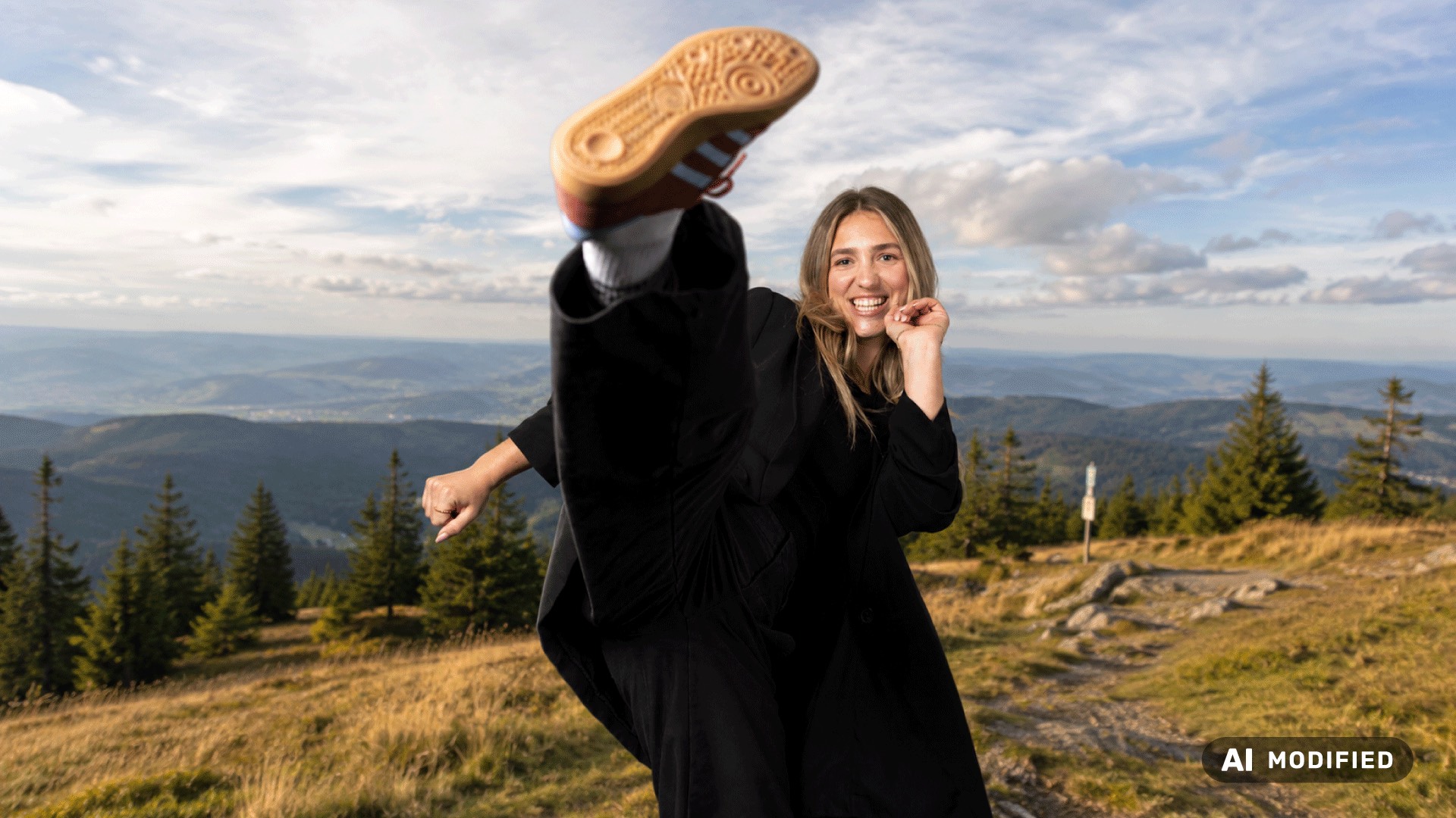 KI-bearbeitetes Beispielbild: echtes Foto einer Frau bei einem hohen Kick, per KI vor ein Taunus-Panorama montiert, rechts unten mit dem EU-AI-Icon „AI Modified“ gekennzeichnet